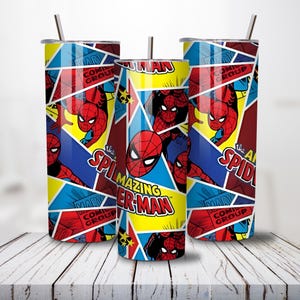 May include: Three stainless steel tumblers with lids and straws. The tumblers feature a comic book-style design with the words "The Amazing Spider-Man" and images of Spider-Man in red, blue, and yellow.