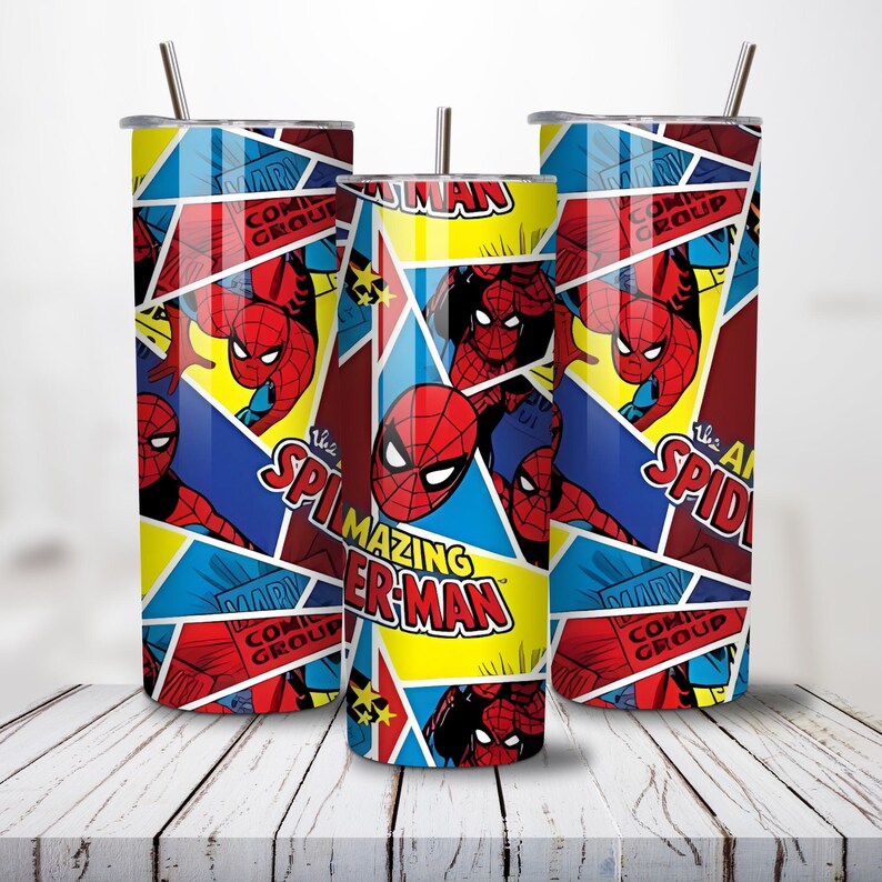 May include: Three stainless steel tumblers with lids and straws. The tumblers feature a comic book-style design with the words "The Amazing Spider-Man" and images of Spider-Man in red, blue, and yellow.