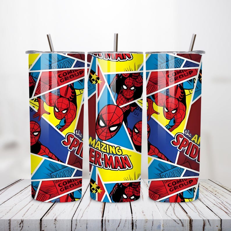 May include: Three stainless steel tumblers with a Spider-Man comic book design. The design features Spider-Man in red and blue, with yellow and blue geometric shapes, and the words "The Amazing Spider-Man" and "Comic Group."