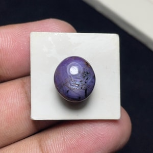 May include: A round, cabochon-cut purple gemstone featuring a visible star effect and dark, linear inclusions throughout the surface. The stone is mounted on a small, square white display card, showcasing its polished texture and deep violet hue.
