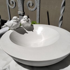 Può includere: Una bianca, rotonda vasca per uccelli con due piccole statuette di uccelli bianchi sul bordo. La vasca per uccelli ha un bacino poco profondo ed è realizzata in un materiale liscio e solido. Lo sfondo include una recinzione in ferro battuto.