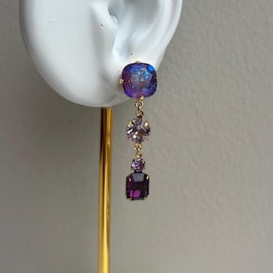 Handmade 24K gold plated Swarovski crystal statement earrings in Burgundy DL & Amethyst purple