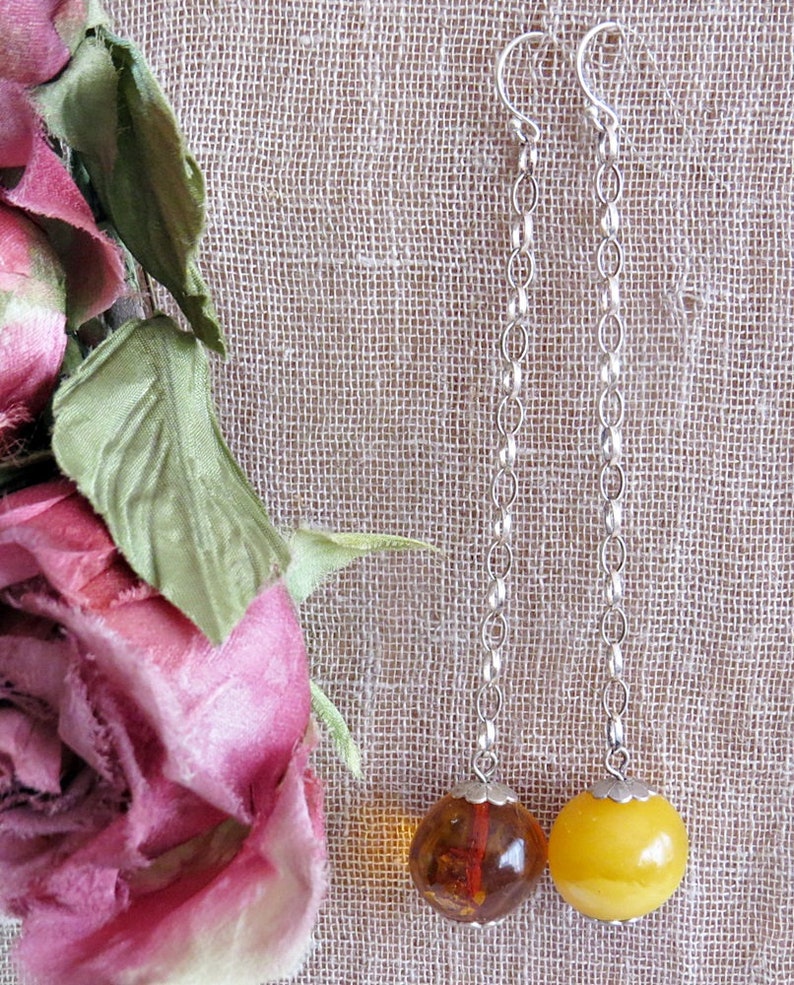 Great gift. Fashion earrings large balls Extravogant long silver earrings Baltic amber 100/% multicolored amber