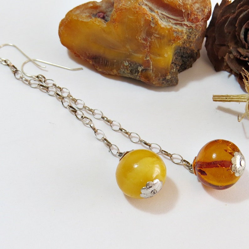 Great gift. Fashion earrings large balls Extravogant long silver earrings Baltic amber 100/% multicolored amber