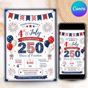 250th America Anniversary Invitation, USA Patriotic 4th of July Party Invite, Independence Day Invite,   Instant Download, Canva Editable