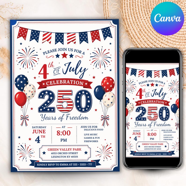 250th America Anniversary Invitation, USA Patriotic 4th of July Party Invite, Independence Day Invite,   Instant Download, Canva Editable