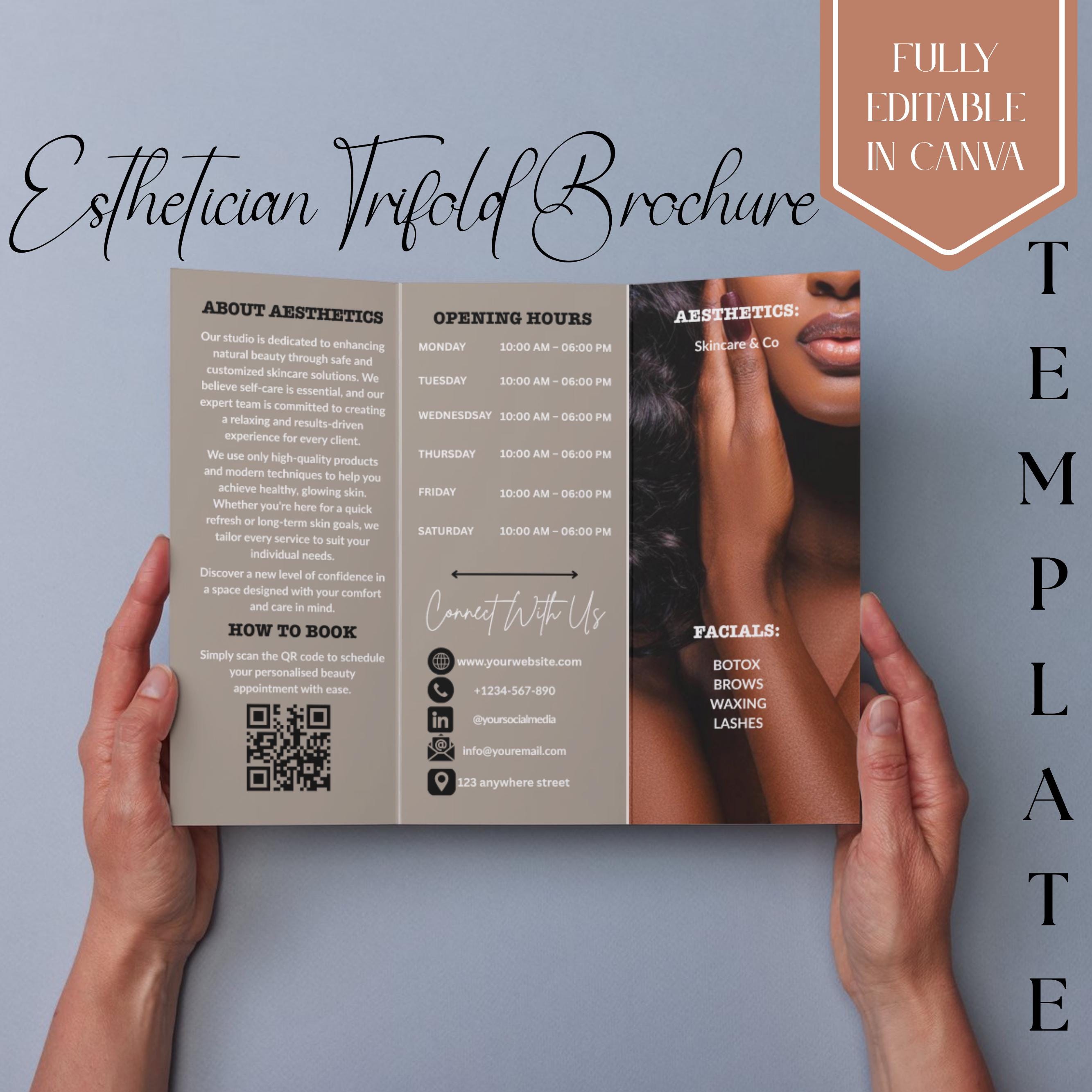 Esthetician Trifold Brochure, Salon Beauty Brochure Template, Skincare Business Brochure, Minimalist Esthetician Brochure, Canva Editable