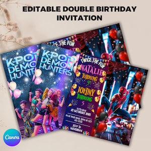 May include: A stack of colorful birthday invitations with the text "EDITABLE DOUBLE BIRTHDAY INVITATION". The invitations feature K-Pop group graphics, a Spider-Man illustration, and balloon decorations. The text includes names, dates, and RSVP information.