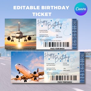 以下が含まれることがあります： 飛行機の画像が特徴の、青と白の誕生日チケットテンプレートが2つ。チケットには「Happy Birthday」と書かれており、乗客、目的地、日付のフィールドが含まれています。「編集可能な誕生日チケット」というテキストが上部にあります。