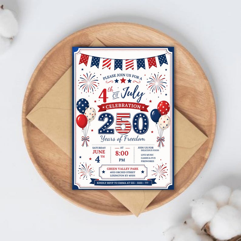 250th America Anniversary Invitation, USA Patriotic 4th of July Party Invite, Independence Day Invite,   Instant Download, Canva Editable