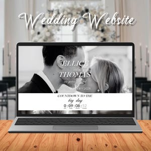 Könnte beinhalten: Ein Laptop-Bildschirm zeigt eine Hochzeitswebsite. Die Website zeigt den Text "Wedding Website", ein Schwarz-Weiß-Foto eines Paares, die Namen "ELLICE und THOMAS" und das Datum "25. DEZEMBER - 2026". Ein Countdown-Timer ist ebenfalls sichtbar.