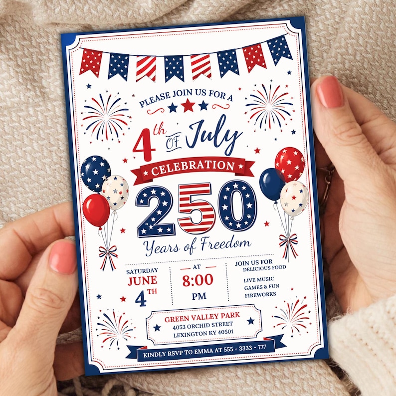 250th America Anniversary Invitation, USA Patriotic 4th of July Party Invite, Independence Day Invite,   Instant Download, Canva Editable