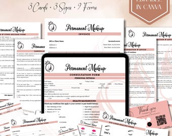 Permanent Makeup Forms, Editable PMU Consent Form Template,  PMU Aftercare Card, Lip Blushing Form,  Beauty Salon Forms, Canva Editable