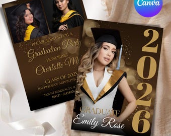Black gold Graduation Announcement 2026 Invitation, Digital Senior Graduation Female invite with photo, College Graduation Party Template