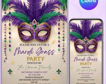 Mardi Gras Party Invitation, Mardi Gras Themed Invitation, Mardi Gras Invite, Masquerade Ball Party Invite, Intant Download, Canva Editable