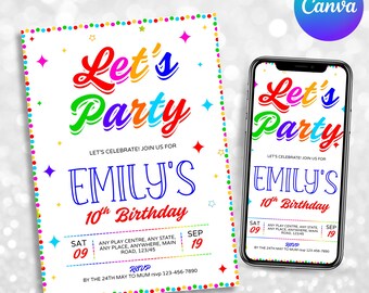 Simple Colorful Birthday Invite, Bright and cheerful party, fun birthday party, Colourful Confetti For Kids Birthday Template,Canva Editable