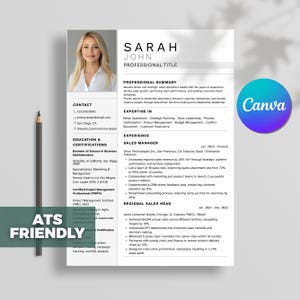 Peut inclure: Un modèle de CV professionnel avec une photo, des coordonnées et des sections pour l'expérience, l'expertise et l'éducation. Le CV est conçu pour être compatible avec l'ATS, avec un logo Canva. Un crayon est placé sur le côté gauche.