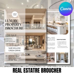Op de afbeelding: Luxe vastgoedbrochure met de tekst "Luxury Property Brochure" en "For Sale". De brochure toont een modern huis met 5 slaapkamers, 6 badkamers en 836 vierkante meter woonruimte. Contactgegevens zijn inbegrepen.