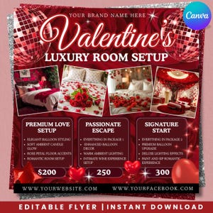 May include: Red Valentine's Day luxury room setup flyer. Features three room setup options with prices: Premium Love Setup, Passionate Escape, and Signature Start. Includes images of decorated rooms with balloons and rose petals.