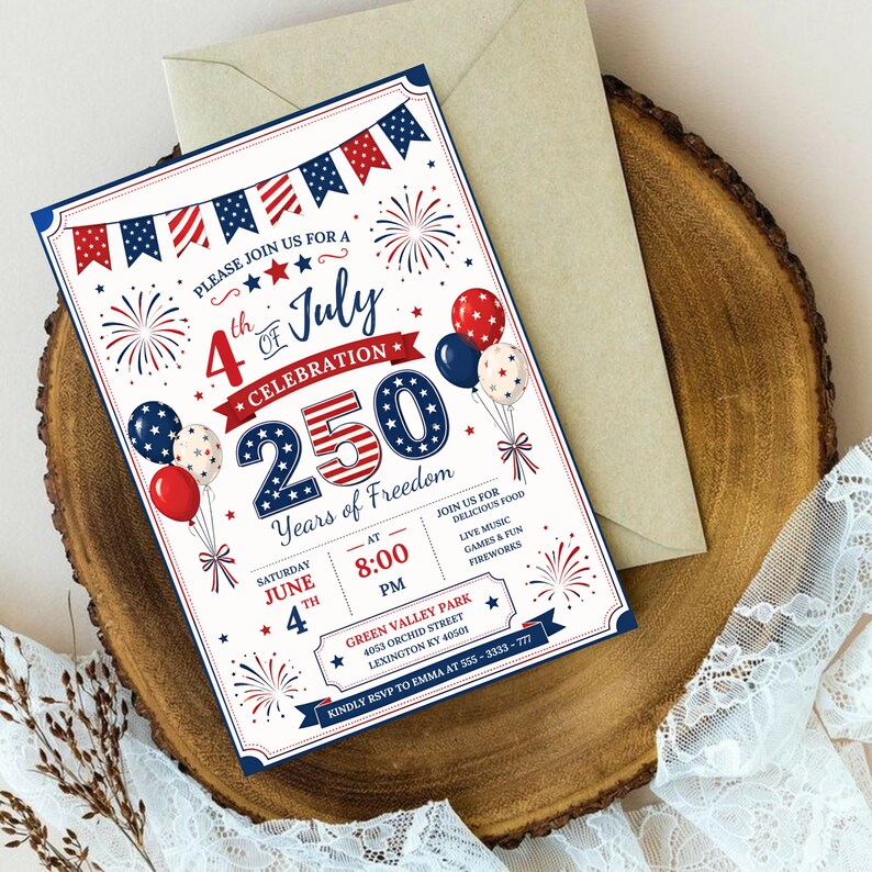 250th America Anniversary Invitation, USA Patriotic 4th of July Party Invite, Independence Day Invite,   Instant Download, Canva Editable