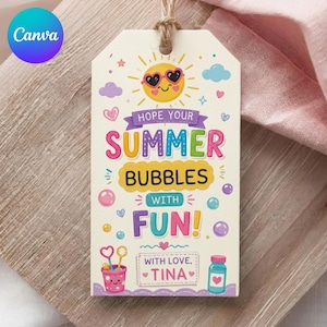 May include: A cream-colored gift tag with a summer theme. The tag features a smiling sun wearing heart-shaped sunglasses, the text "HOPE YOUR SUMMER BUBBLES WITH FUN!" and a small jar with a heart.