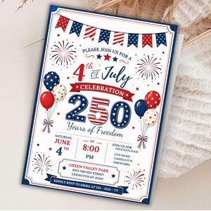 250th America Anniversary Invitation, USA Patriotic 4th of July Party Invite, Independence Day Invite,   Instant Download, Canva Editable