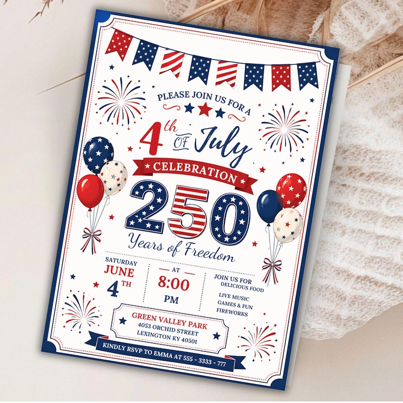 250th America Anniversary Invitation, USA Patriotic 4th of July Party Invite, Independence Day Invite,   Instant Download, Canva Editable