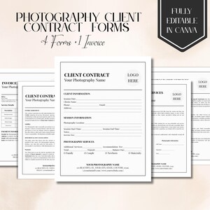 May include: A set of photography client contract forms and an invoice. The forms are white with black text, including fields for client information, session details, and photography services. The text "Photography Client Contract Forms" is at the top.