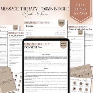 May include: A bundle of massage therapy forms, including invoices, consent forms, and aftercare cards. The forms are in a neutral color palette with the text "MESSAGE THERAPY" and "LOGO HERE". The bundle includes 2 cards and 8 forms.