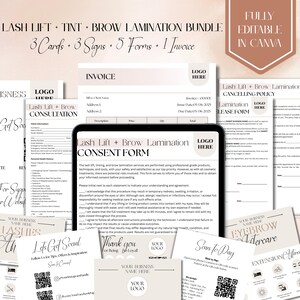 Può includere: Un pacchetto di moduli e biglietti stampabili per servizi di lifting ciglia, tinta e laminazione sopracciglia. Include moduli di consultazione, consenso, fatture e biglietti social media. Il design è in toni neutri con modelli Canva modificabili.