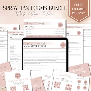 May include: A bundle of spray tan forms, including invoices, consent forms, and aftercare cards. The forms are in a soft pink and white color scheme, with the text "Spray Tan Forms Bundle" at the top. The bundle includes 5 cards, 3 signs, and 10 forms.