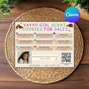May include: A colorful cookie sales flyer with the text "YAYY!!! GIRL SCXXT COOKIES FOR SALES." The flyer lists various cookie flavors, including Choco Mint Crunch, Peanut Butter Bliss, and Lemon Zing. A QR code is included.