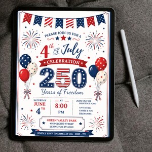 250th America Anniversary Invitation, USA Patriotic 4th of July Party Invite, Independence Day Invite,   Instant Download, Canva Editable