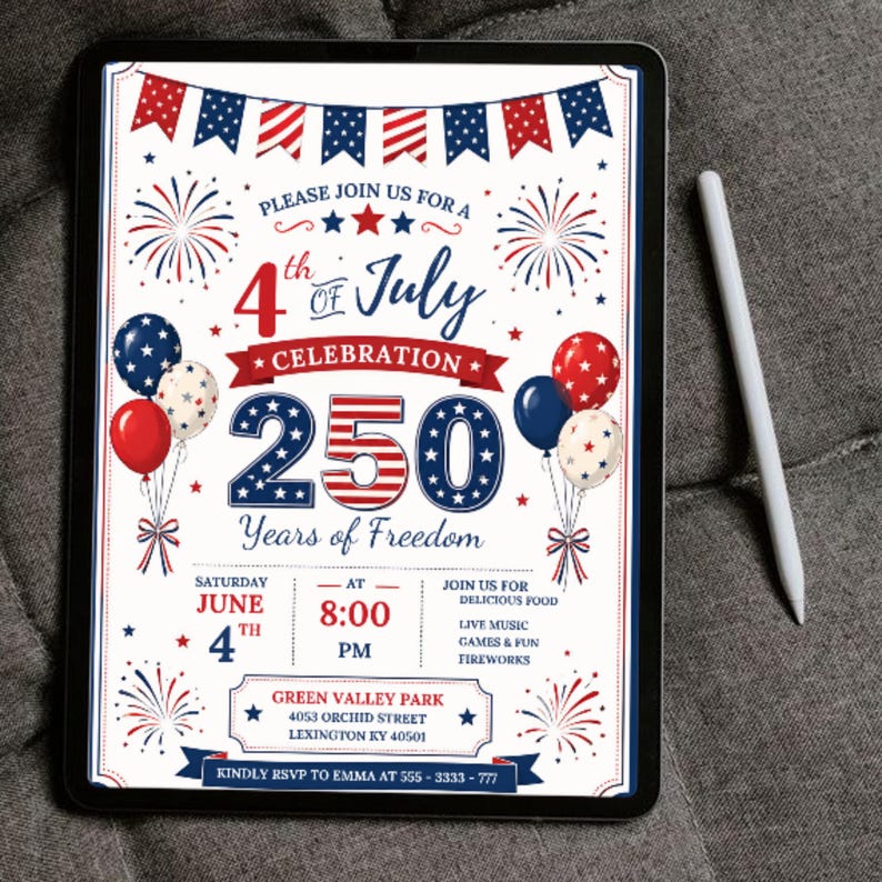 250th America Anniversary Invitation, USA Patriotic 4th of July Party Invite, Independence Day Invite,   Instant Download, Canva Editable