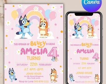 May include: A pink birthday invitation featuring Bluey characters, a rainbow, balloons, and daisies. Text includes "Amelia Turns 4" and event details. A smartphone displays the same design.