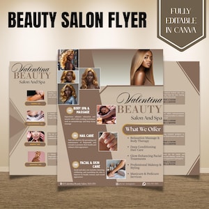 Puede incluir: Un folleto de salón de belleza con el texto "BEAUTY SALON FLYER" en la parte superior. El folleto incluye imágenes de mujeres, tratamientos de spa y servicios ofrecidos, como masajes, cuidado de uñas y faciales. El folleto es totalmente editable en Canva.