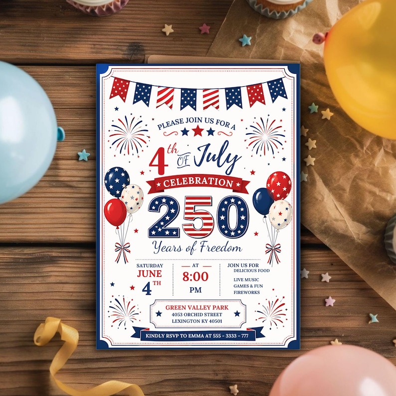 250th America Anniversary Invitation, USA Patriotic 4th of July Party Invite, Independence Day Invite,   Instant Download, Canva Editable