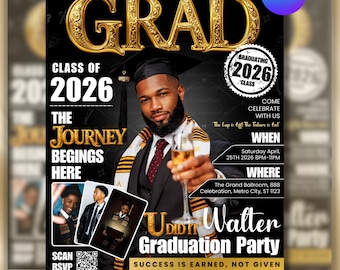 Class of 2026 Gold Graduation Invitation, Editable Magazine Style Black Boy College High School Grad Party, Canva Editable