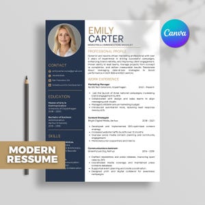 May include: A contemporary CV template with a professional layout. The CV includes a photo, contact details, education, skills, and work history. The Canva logo is in the top right. The text "MODERN RESUME" is in the lower left corner.