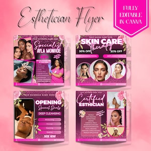 Puede incluir: Folleto de esteticista rosa con el texto "Esthetician Flyer". El folleto incluye imágenes de mujeres y texto que promociona servicios de cuidado de la piel, incluyendo tratamientos faciales, análisis de la piel y maquillaje. Totalmente editable en Canva.