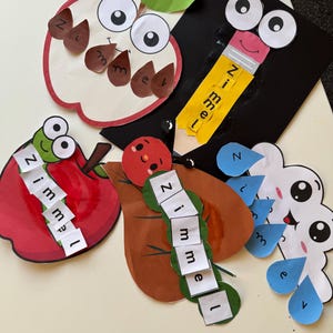 Manualidad con nombre imprimible y editable para preescolar y jardín de infantes. Manualidad de motricidad fina y reconocimiento de letras.