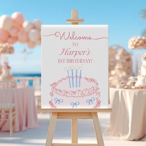 Pink 1st Birthday Welcome Sign: Vintage Cake Theme Editable Template