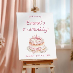 Pink Bow Cake Baby First Birthday Welcome Sign Pastel Hand-drawn 1st Birthday Poster Birthday Girl 1st birthday Minimalist Sign Editable