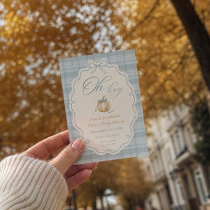 Blå rosett pumpa babyshowerinbjudan mall för höstbabyshower för pojkar