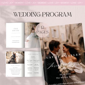 May include: A wedding program with the text "Wedding Program" at the top. The program includes photos of the bride and groom, along with the text "Layla & Jaylen" and "Forever Begins". The program has 12 pages.