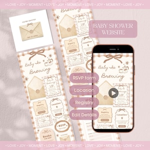 Może przedstawiać: Zestaw zaproszeń na baby shower o miękkiej, vintage estetyce. Projekt charakteryzuje się kremowo-brązową paletą kolorów z ilustracjami kopert i kokard. Zestaw zawiera kartę zaproszenia, naklejki i makietę strony internetowej.