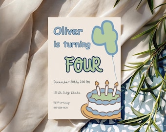 Boy 4th Birthday Invitation, Printable Four Birthday Party Invite, Canva Template