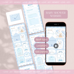 Puede incluir: Una plantilla de sitio web para baby shower mostrada en un teléfono inteligente y varias vistas previas de diseño vertical. El diseño presenta un patrón de cuadros vichy azul claro, ilustraciones de ositos de peluche, globos azules y texto que incluye "WE CAN Bearly Wait," "RSVP," "Location," y "Edit Details."