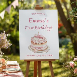 Pink Bow Cake Baby First Birthday Welcome Sign Pastel Hand-drawn 1st Birthday Poster Birthday Girl 1st birthday Minimalist Sign Editable