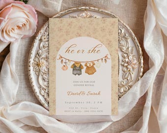 Boho Gender Reveal Invitation, Fall He or She gender revealing Invite, Autumn Baby Shower, Editable Canva Template